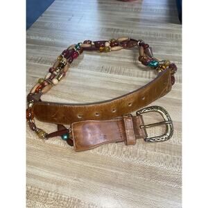 COMPAGNIE INTERNATIONALE EXPRESS Brown Leather Beads Gold Tone Belt Sz Medium